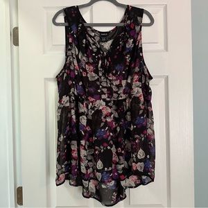 Torrid 2 sheer black babydoll tank with grey and fuchsia florals